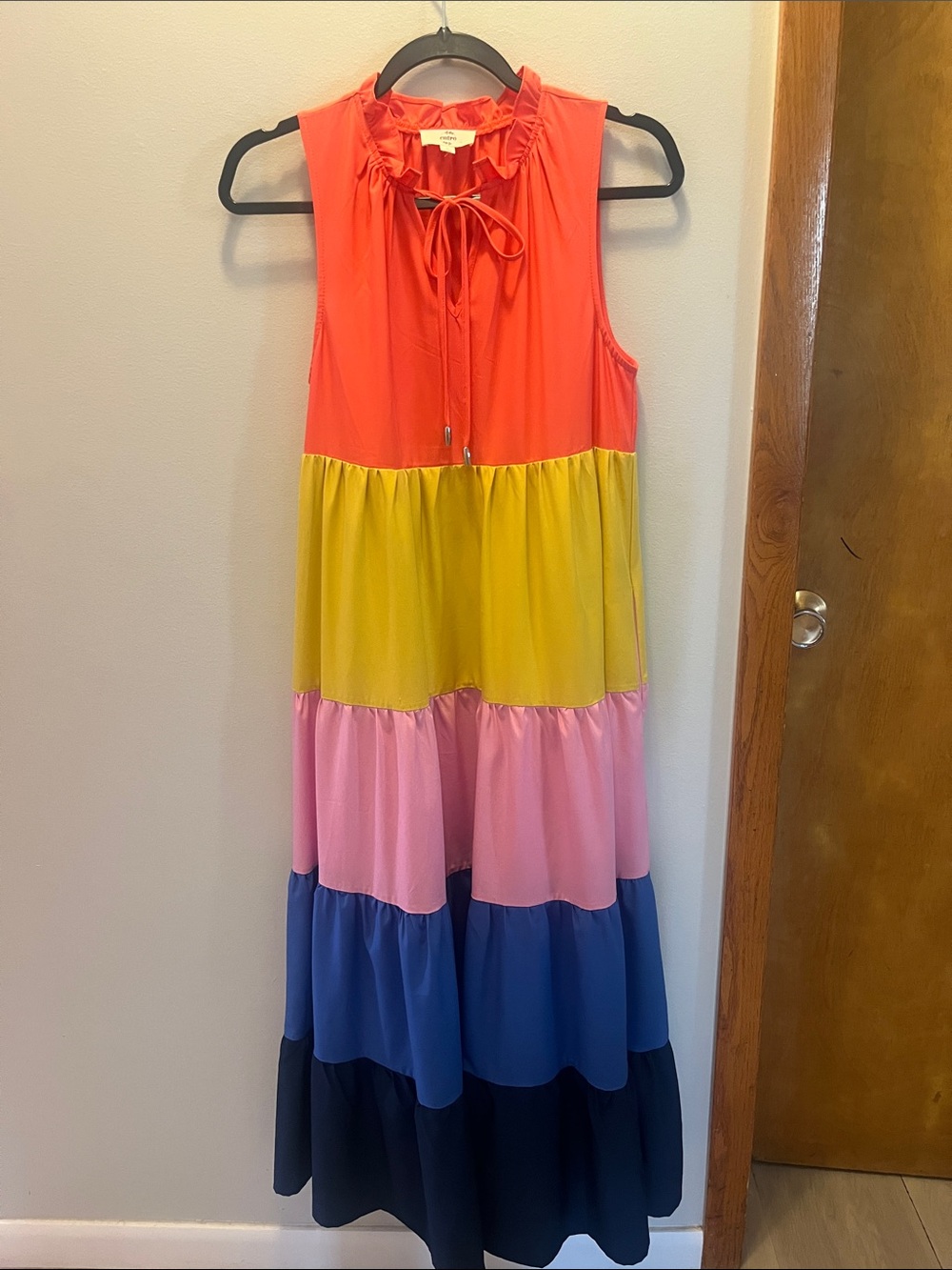entro Multicolor Tiered Maxi Dress in Coral, Yellow & Navy